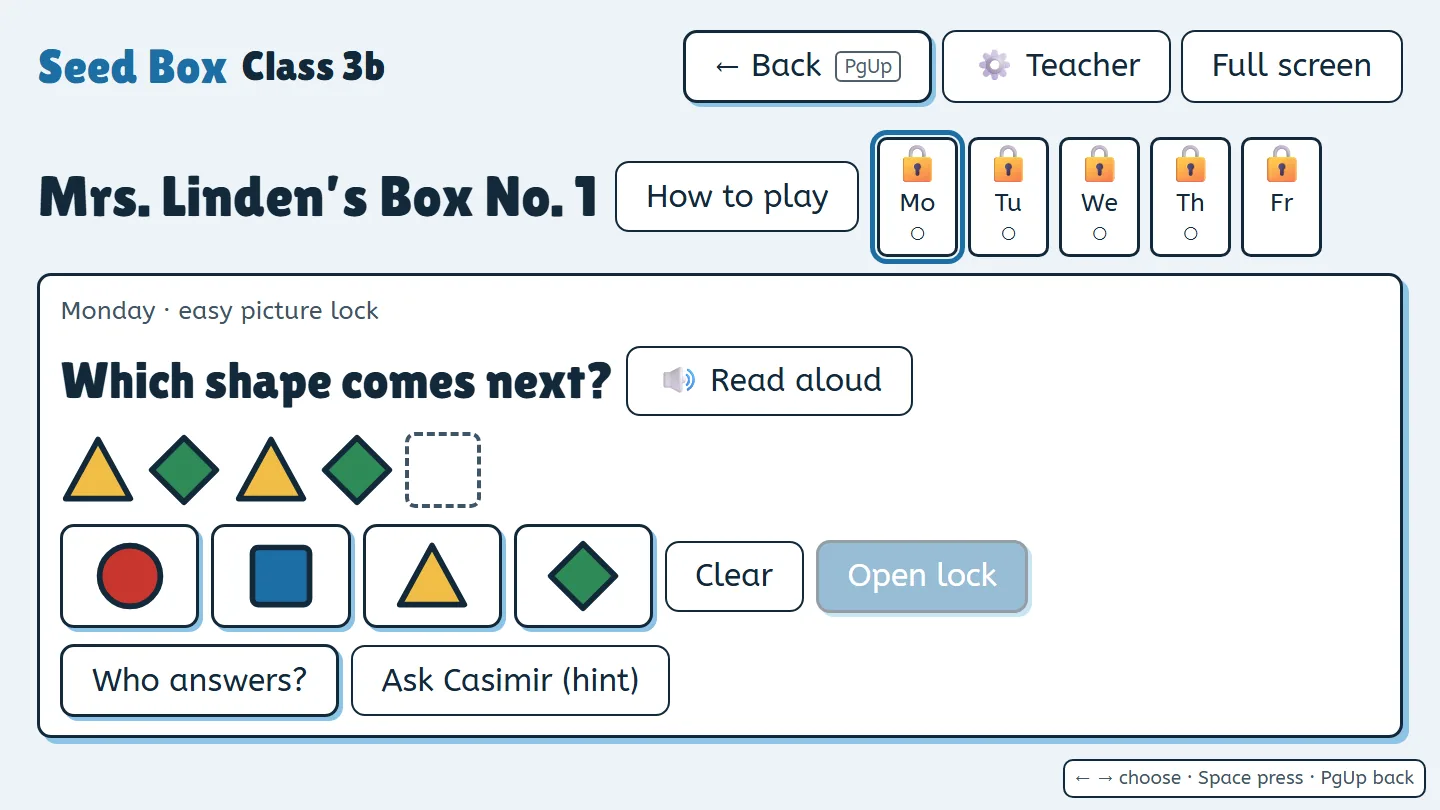 The weekly box on Monday: five locks from Monday to Friday and an easy picture lock – which shape comes next?